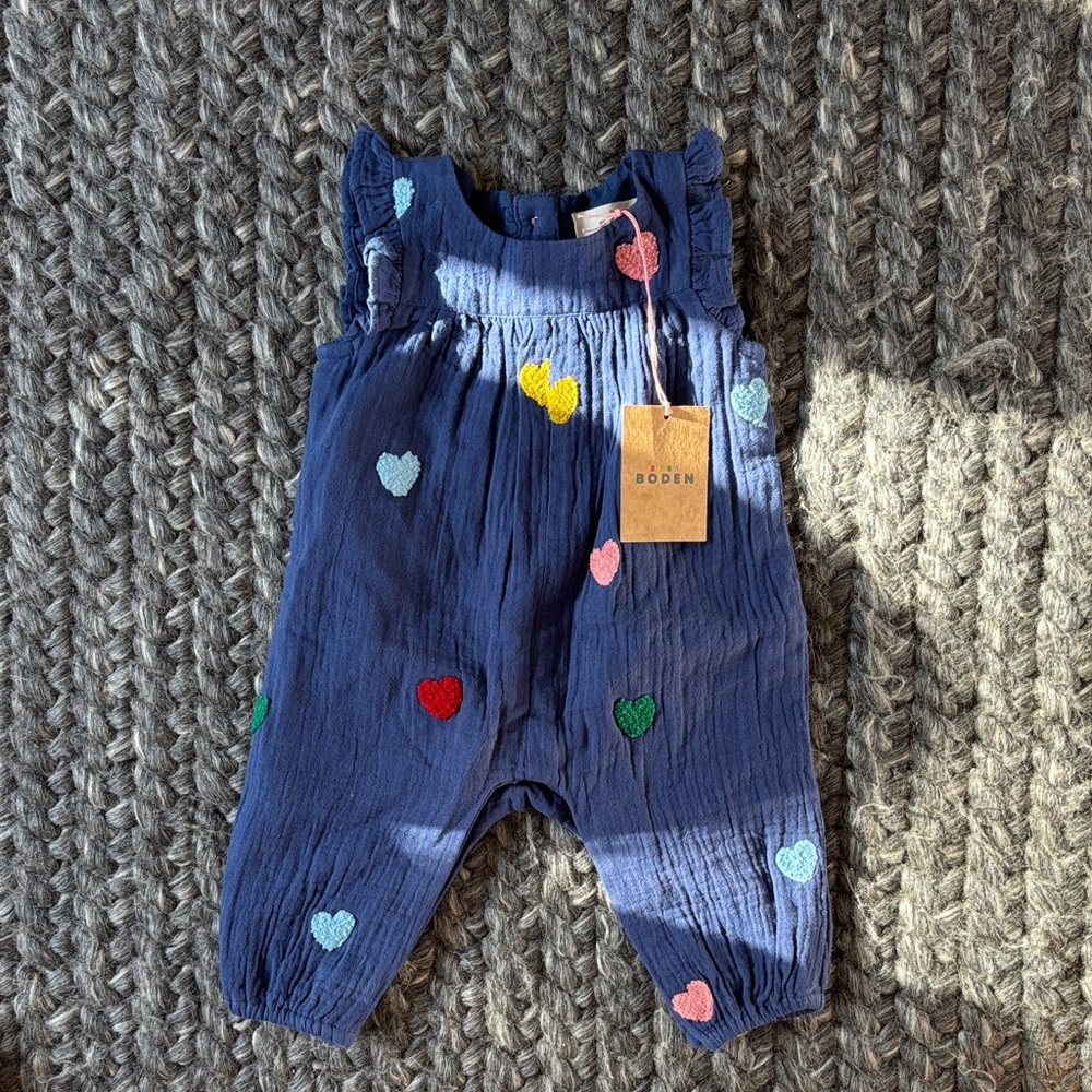 Mini Boden Blue Jumpsuit with Colorful Heart Patterns